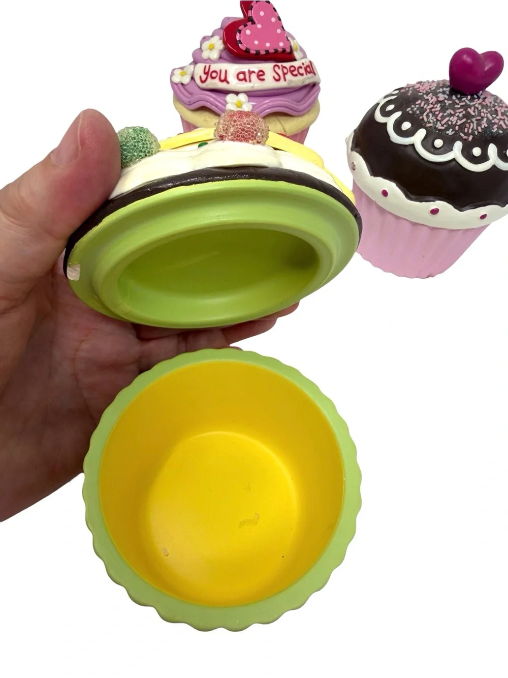 Decorative Pink and Green ceramic Cupcake trinket boxes and candle Set of three